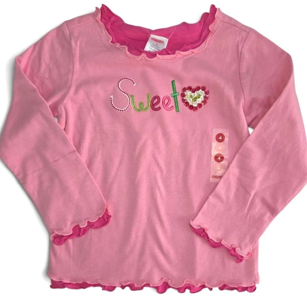 Vintage Gymboree Long Sleeve Shirt Size 4 Pink Embroidered Sweetheart Sequin NWT